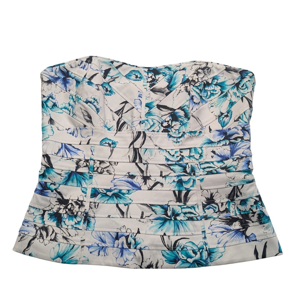 White House Black Market Floral Corset Top Womens 8 White Blue Strapless Pleated